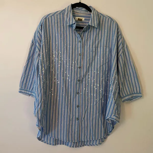 Pilcro Anthropologie Blue Stripe Button Down Shirt Preppy Oversized XS / Small - Image 2