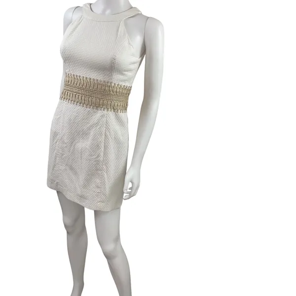 Lilly Pulitzer‎ White Textured Neck Halter Dress Gold Embellished Waist Size 00 - Image 5