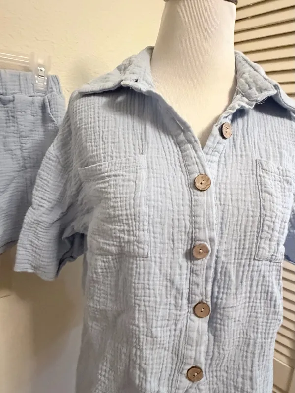 Shein medium Women's Light Blue Gauze Short-Sleeve Top & Shorts Set - Image 3
