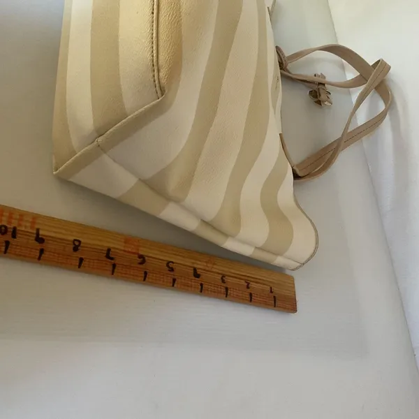 Kate Spade New York Striped Tote Bag Cream Beige Spade Charm Bow Shopper - Image 12