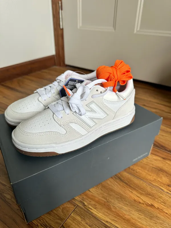 New Balance Men's 480L White Cream Sneakers with Orange women's 5.5 - Image 4