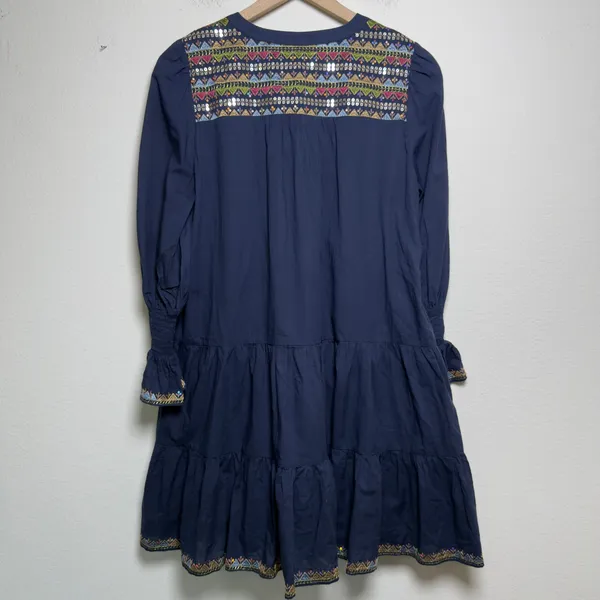 Pomander Place Womens‎ 100% Cotton Kenzo Dress M Navy Embroidered Sequin Tiered - Image 10