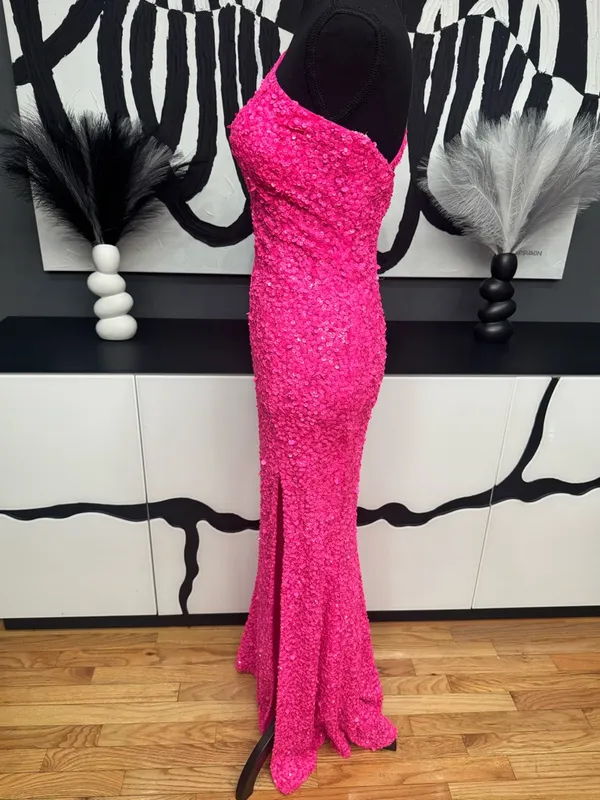 Sherri Hill 54330 Neon Pink Sequin One Shoulder Gown High Slit Women's Dress - Image 6