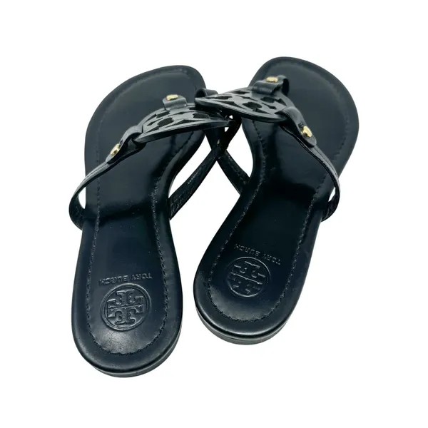 Tory Burch Miller Black Matte Leather Logo Medallion Flat Sandals Size 8 - Image 4
