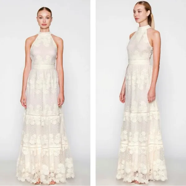 Champagne & Strawberry Tiered Maxi Dress With Crochet Trim & Floral Appliqué - Image 11