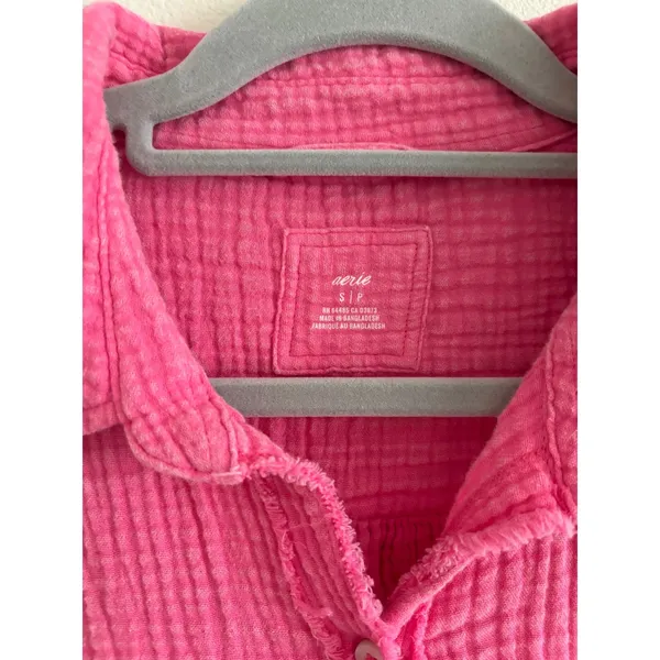Aerie Gauzy Button Down Shirt Womens Small Pink Oversized Beachy Travel Resort - Image 3