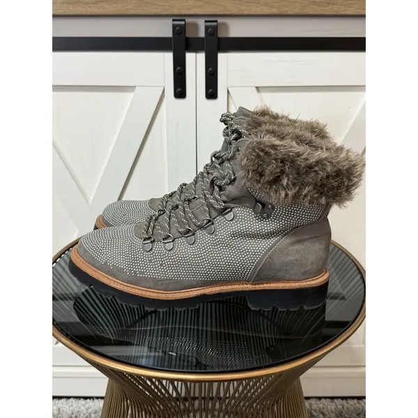 Report Women’s Size 10 Grey Combat Hiking Boots Faux Fur Collar Rhinestone Studs - Image 2