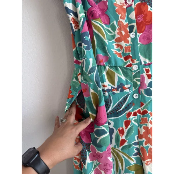 Bloomchic Tropical Floral Jumpsuit Teal/Multicolor Lightweight‎ Wide Leg Size 12 - Image 4