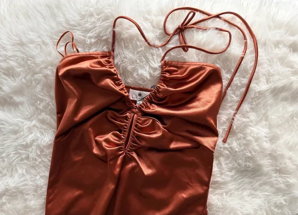 Socialite Rust Satin Ruched Halter Maxi Dress Size S - Image 2