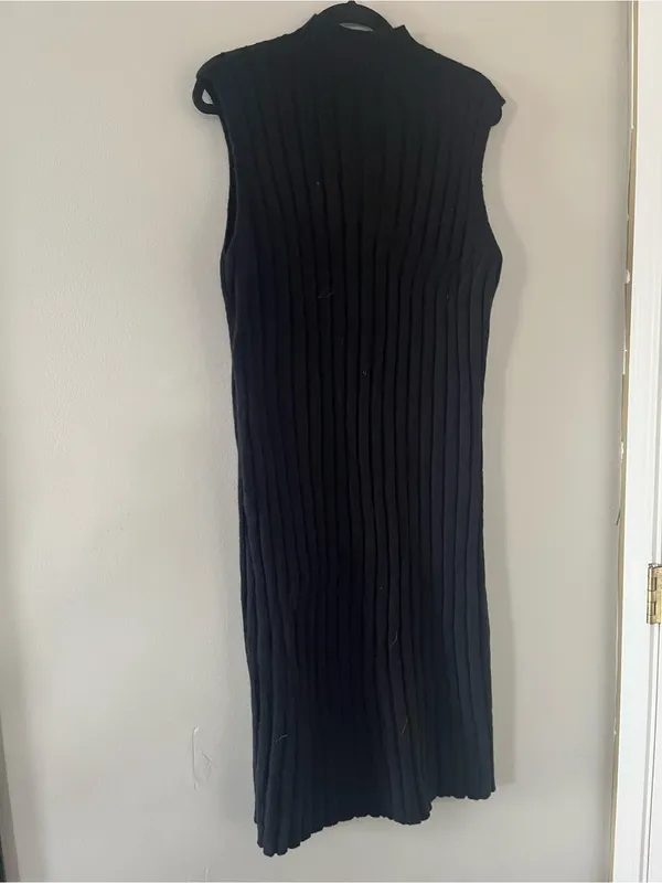 Black Ribbed Knit Midi Dress Large Sleeveless Mock Neck Minimalist Capsule - Image 6