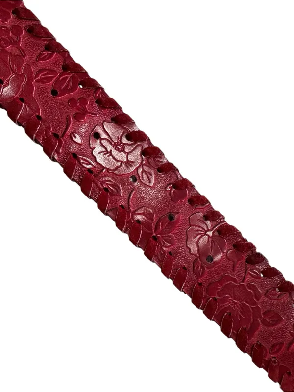 Red Floral Embossed Leather Belt Whipstitch Edges Silver Buckle Wide - Image 6
