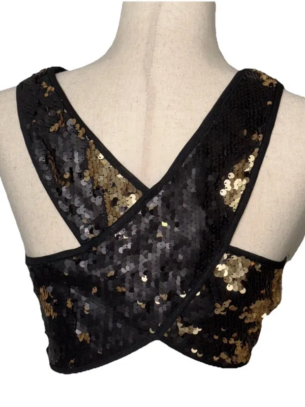 Sugarlips Rversible Sequin Crop Top Black Gold Rave Club Party Night Out - Image 4