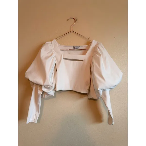 Zara Cropped Top Women S White Puff Sleeve Cutout‎ Ribbed Knit Statement Blouse - Image 3