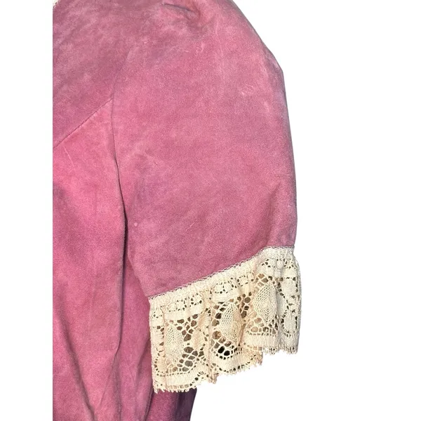Vintage Pink Suede Lace Trim Western‎ Prairie Blouse Peplum Romantic Leather Top - Image 3