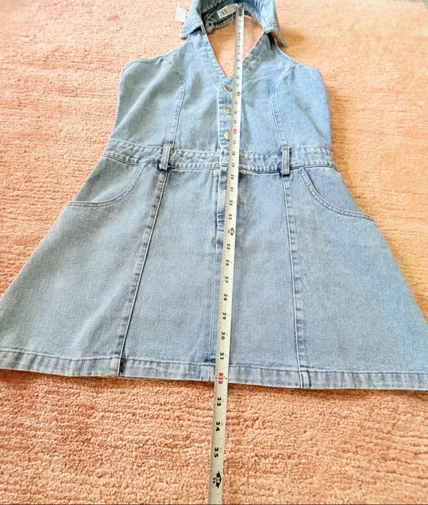 Zara Denim Halter Mini Dress Light Wash Sleeveless Button Front Size M NWT - Image 2