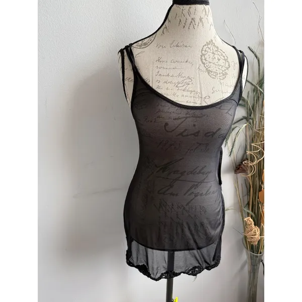 Victorias Secret Black‎ Sheer Mesh Script Print Chemise Side Cut Out Lace Trim S - Image 4