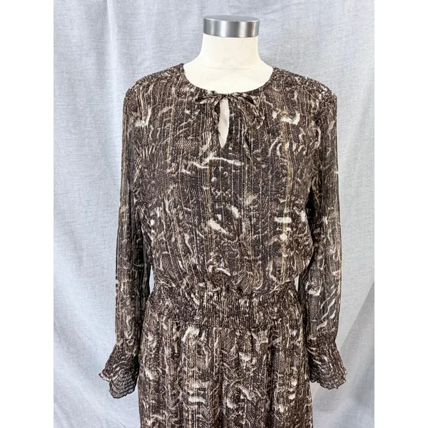 Greenpoint Brown Animal Print Metallic Lurex Smocked Midi Dress 42 XL‎ - Image 8