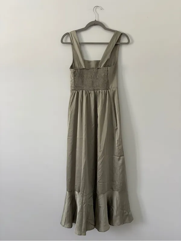 Show Me Your Mumu Claire Midi Boho Dress Moss Green Luxe Satin S - Image 6