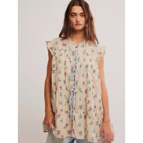Free People Bohemian Prairie Sundown Mini Dress Tunic Top Ivory Combo Size Small - Image 5