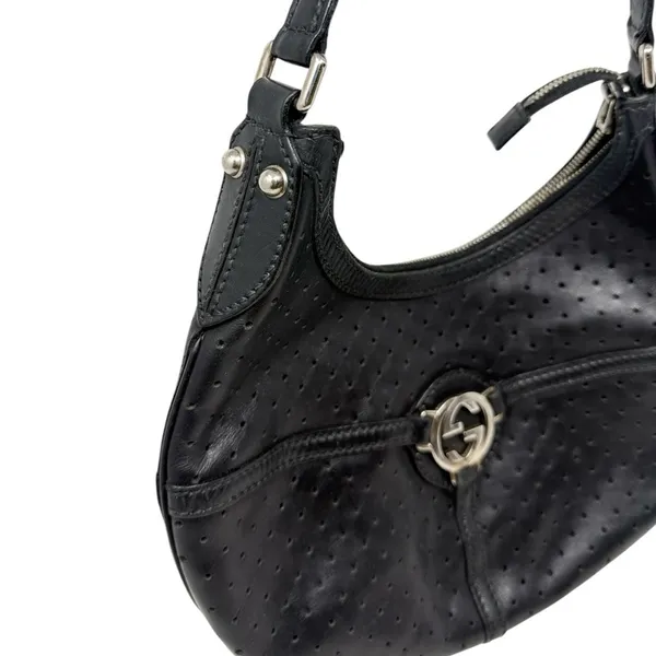 Gucci Reins Vintage Interlocking GG Perforated Leather Black Hobo Bag Purse - Image 6