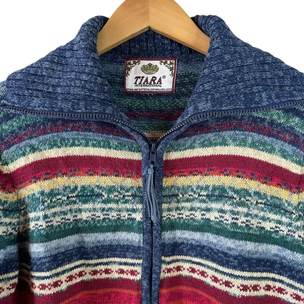 Vintage Tiara Int'l Striped Fair Isle Southwest Colors Zip Cardigan Sweater XL - Image 3