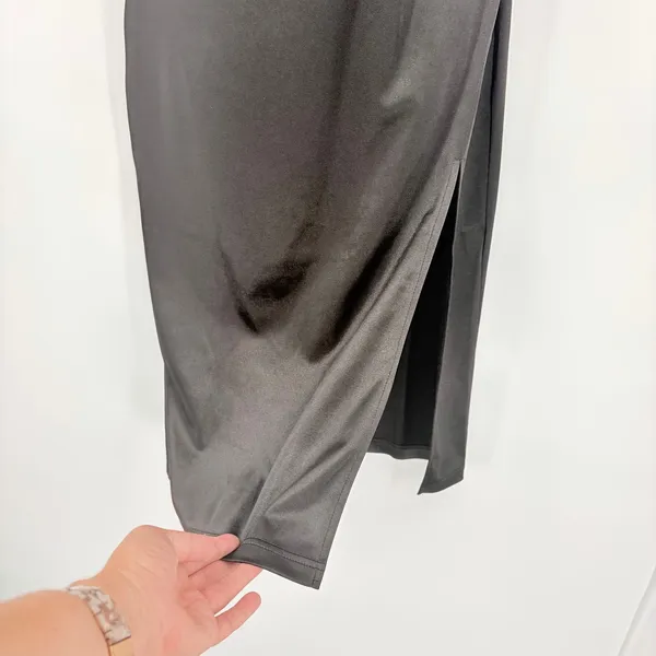 Y2K Black Satin One Shoulder Midi Dress Sz S Going Out Club 90s Sleek Wedding - Image 4