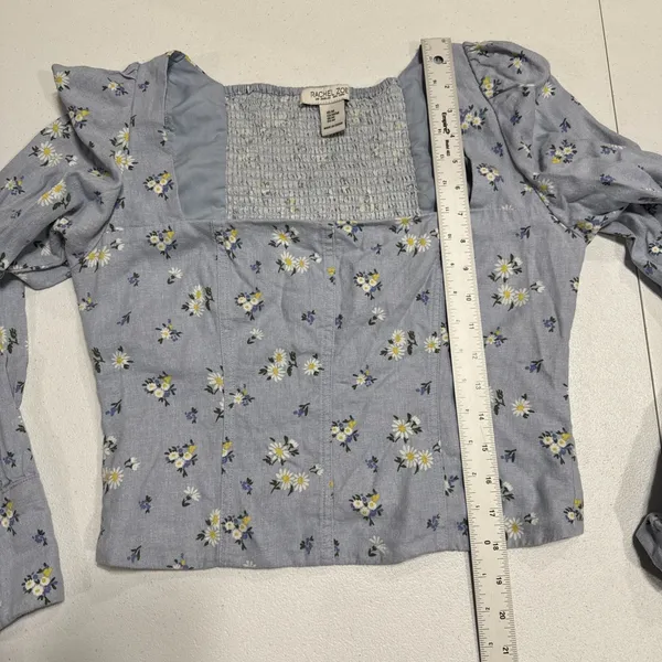 Rachel Zoe Linen Blend Crop Top Sz M Blouse Long Sleeve Square Neck Blue Floral - Image 11