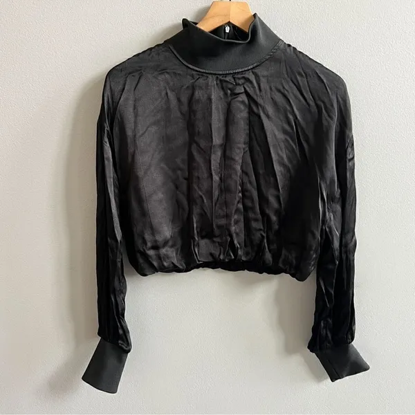 NWT Zara Black Satin Effect Long Sleeve Mock Neck Top Size XS Zipper Turtleneck - Image 6