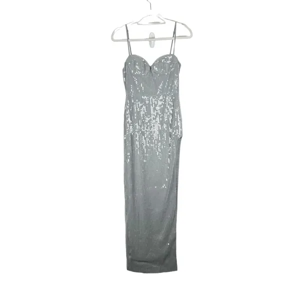 Sau Lee Opal Gown Maxi Dress Gray Sequin Size 2 NWT - Image 3