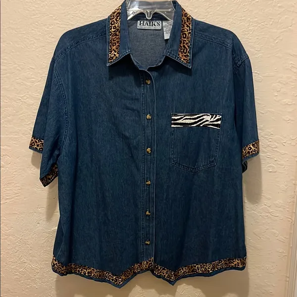 Vintage Blue Denim Shirt with Leopard and zebra Trim • Jean shirt • Jean jacket - Image 2