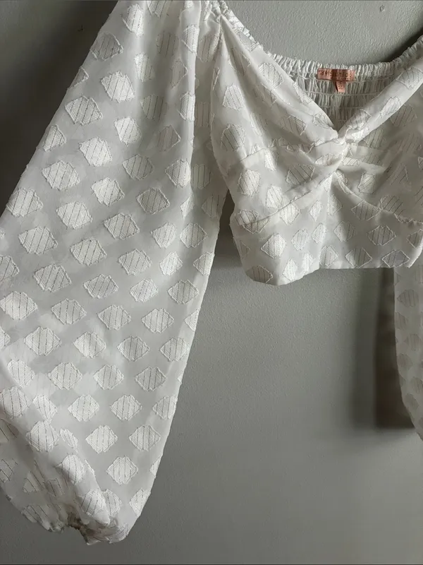 Evolutionary White Swiss Dot Twist Front Crop Top Balloon Sleeve Boho Size S - Image 3