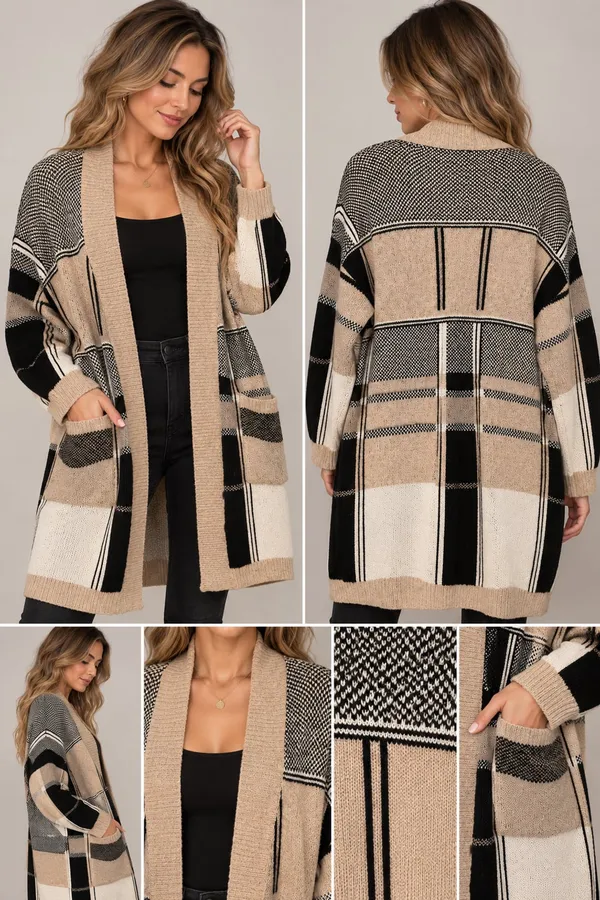 Doe & Rae Women's Beige Black White Plaid Colorblock Open Front Cardigan Sweater - Image 2