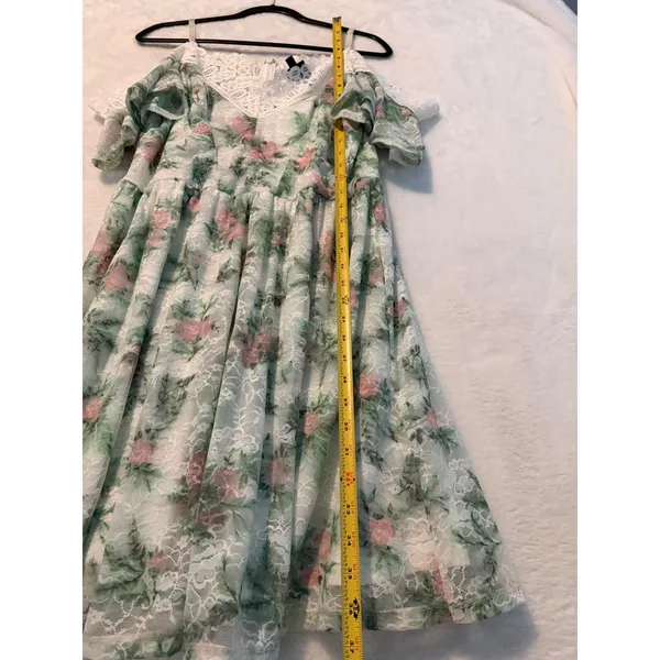 Disney Princess Floral Lace Cold Shoulder Dress XL Green Pink White Crochet Trim - Image 7