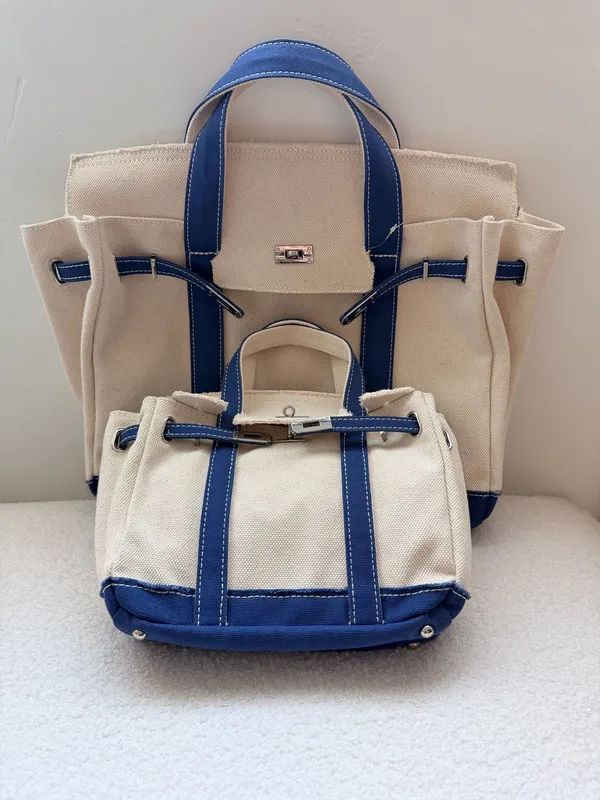 Boatkin Large & Mini Canvas Boat Tote Bag Navy Blue with Silver Belted closure - Image 2