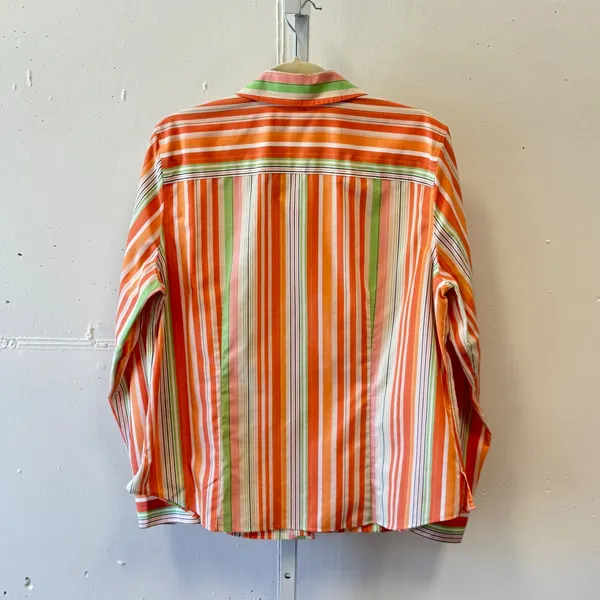 Y2K Coldwater Creek Large Orange Green Striped Cotton‎ Button Down Shirt H33599 - Image 2
