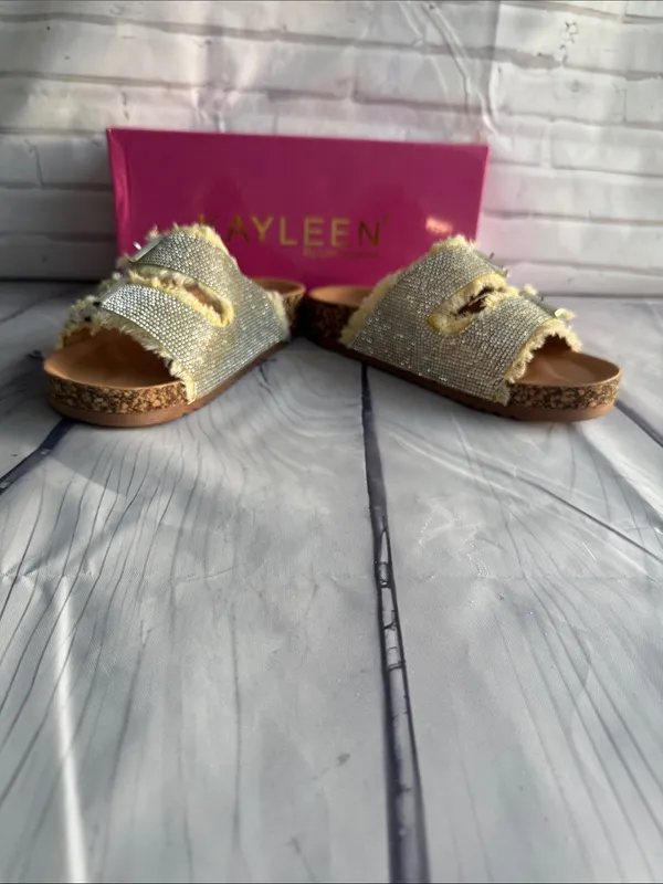 KAYLEEN By Los Angeles Stevie in Yellow Frayed Double-Buckle Rhinestone Slides - Image 6