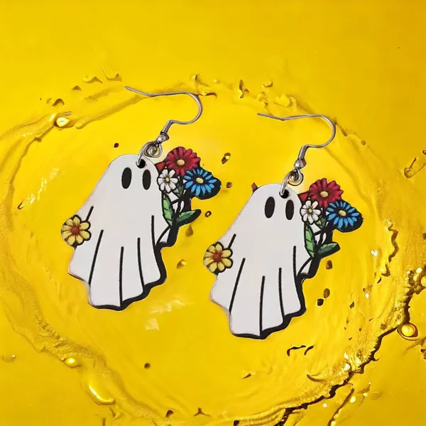 White Ghost Colorful Flower Design‎ Dangle Halloween Earrings Wooden Jewelry - Image 5