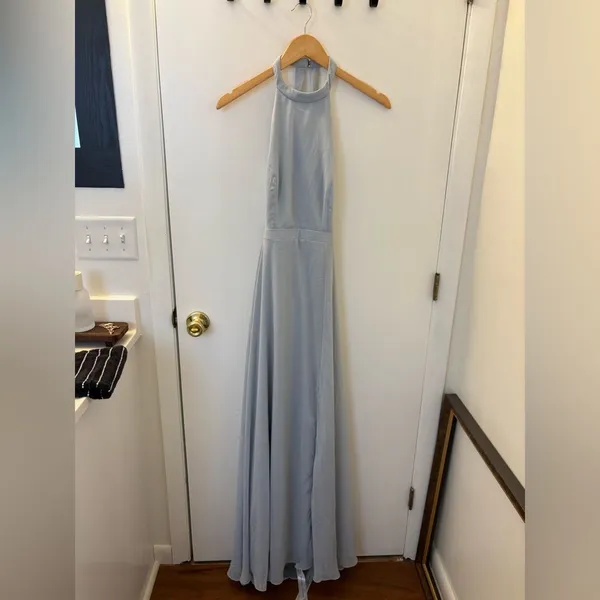 Dessy Stand Collar Halter Maxi Dress Crisscross Open Back Mist Size 2 Bridesmaid - Image 3
