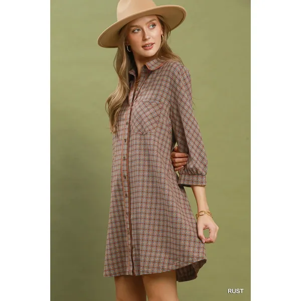 Umgee Plaid Button Down Oversized Shirt Dress - Rust - Medium - Image 2