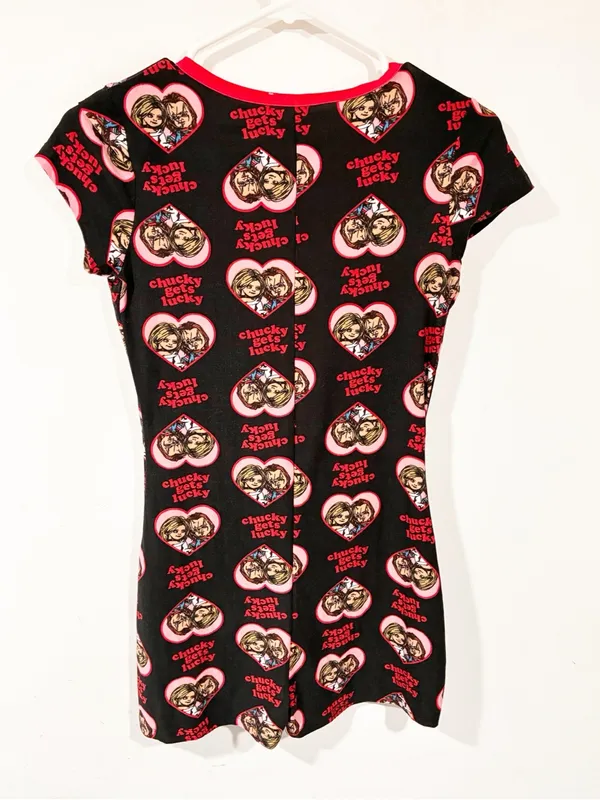 Chucky Gets Lucky Tiffany Black Red One Piece Romper Pajama Half Button Small - Image 4
