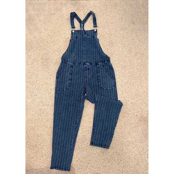 Z Supply French Terry Denim Pinstripe Bib Overalls Women's Medium Blue - Image 2