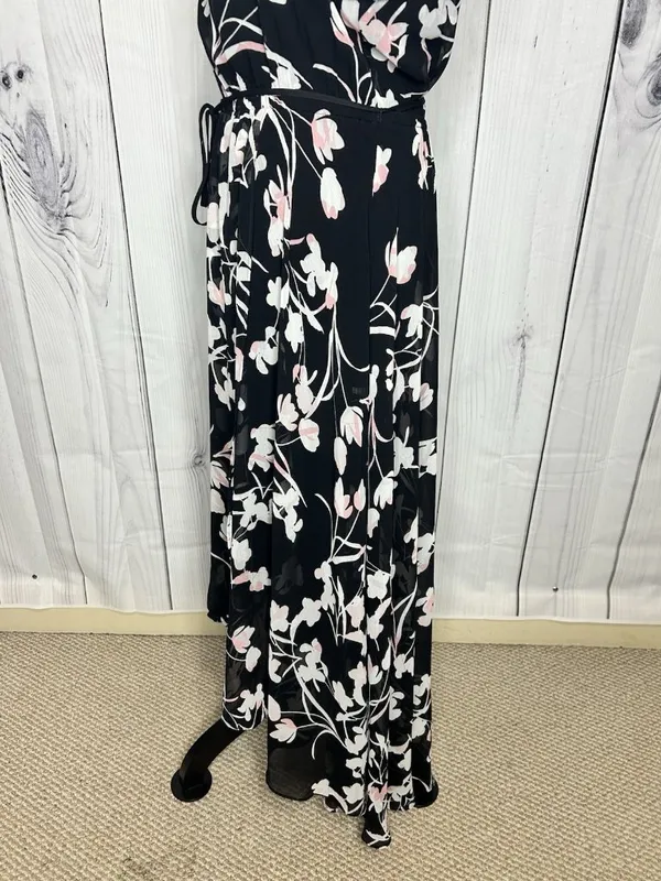 White House | Black Market Sz 8 Chiffon Black Garden Floral Elastic Waist Midi Dress Keyhole Neckline - Image 7