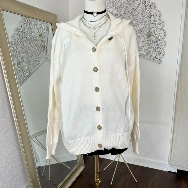 Source Unknown Chunky Soft White Oversizes Button Up Cardigan Hoodie 2XL - Image 3