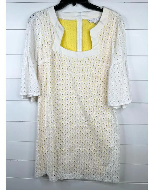 Trina Turk White Eyelet Bell Sleeve A-Line Dress Size 8 Yellow Lining Cotton - Image 2