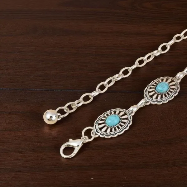 Turquoise Antiqued Style Silver Metal Belt With Carnelian Stone Inlay & Engraved - Image 3