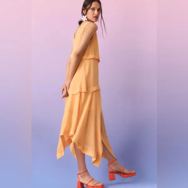 Anthropologie Tiered Sheer Overlay‎ Dress Orange Ruffle Shift Sleeveless Size XS - Image 5