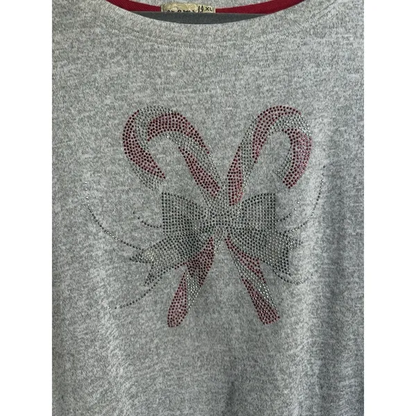 One World Womens Top XL Gray Beaded‎ Bling Candy Canes Bow Holiday Blouse - Image 3