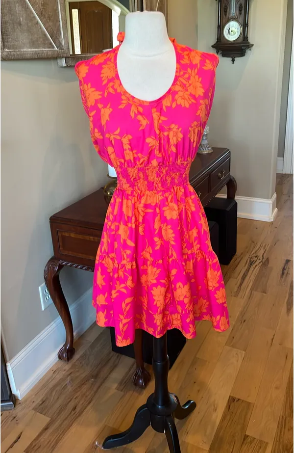 Colorful Festive Neon Pink Orange Flirty Mini Dress - Image 7
