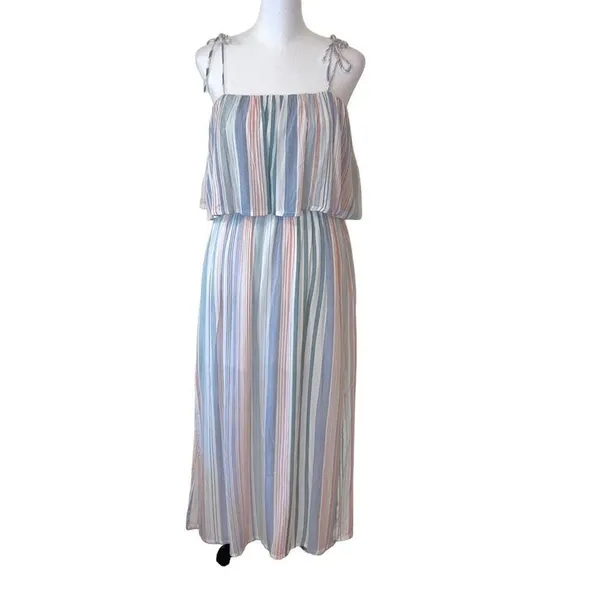 Hem & Thread Women's Striped Tube Dress‎ Tiered Midi Sleeveless Pink Blue Small - Image 3