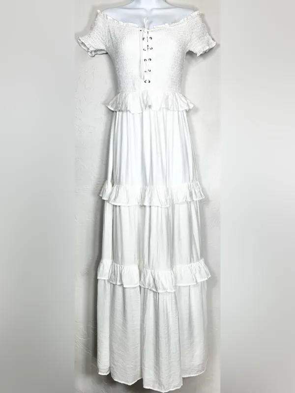 Beivy Off-Shoulder White Ruffle Maxi Dress Size Medium - Image 6